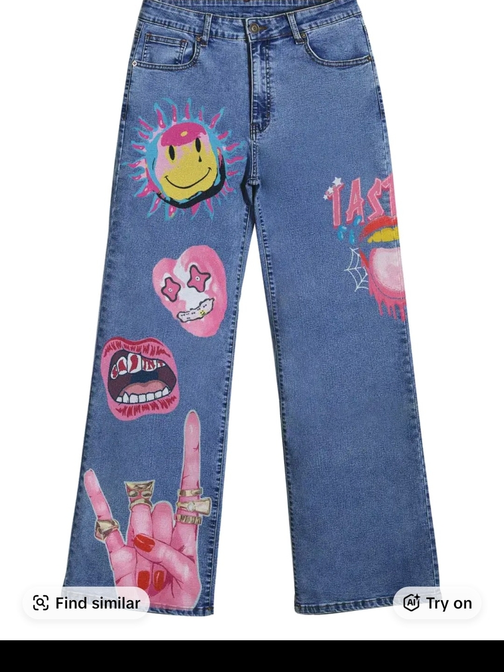 Women’s Blue Graphic Wide-Leg Jeans with Pink Artwork